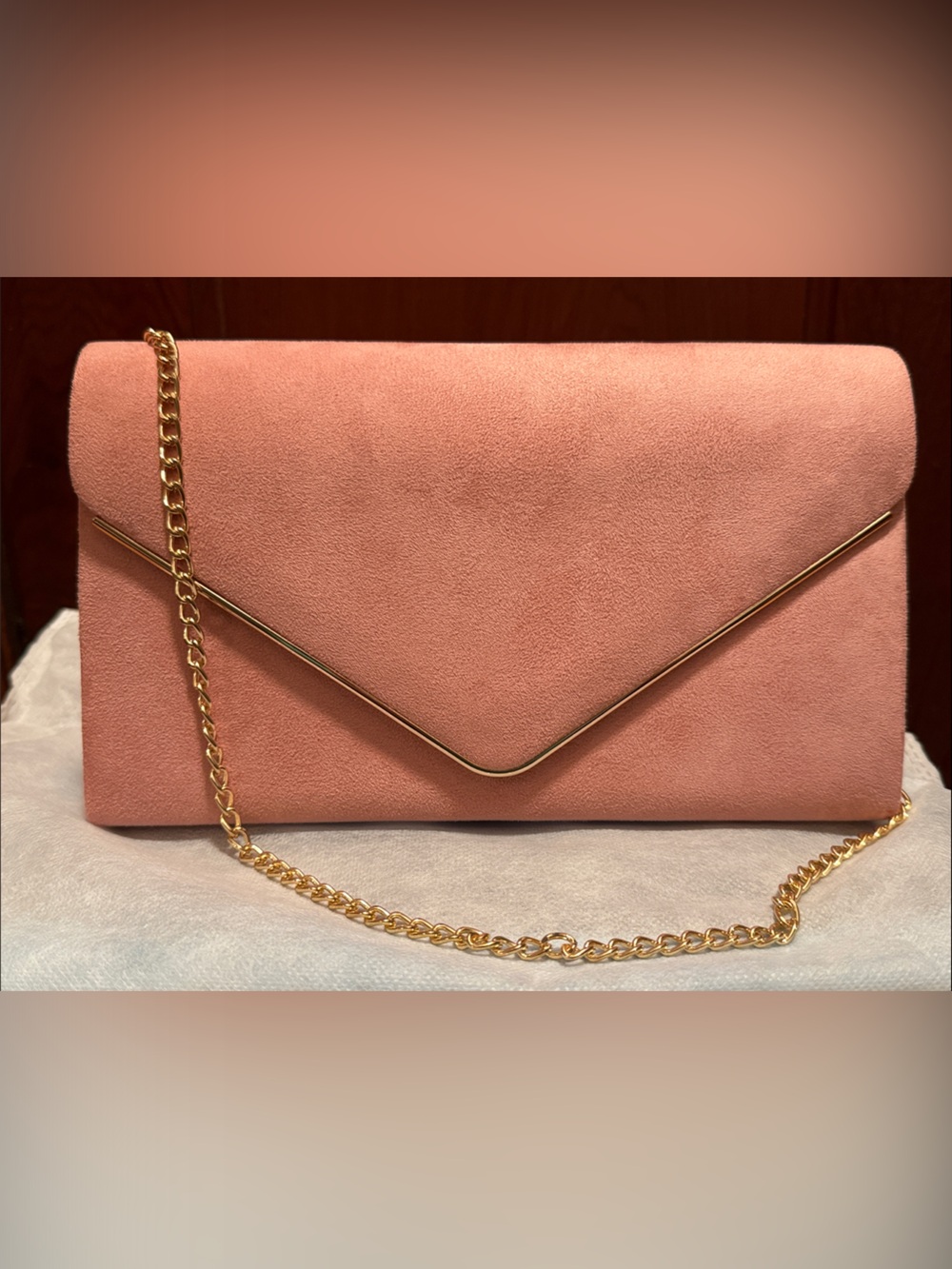 NWOT Elegant Pink Suede Clutch with Gold Accent